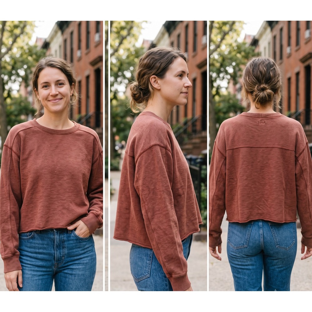 Aerie Cropped Sweatshirt Womens S Brown Raw Hem Oversized Crew Neck Pullover